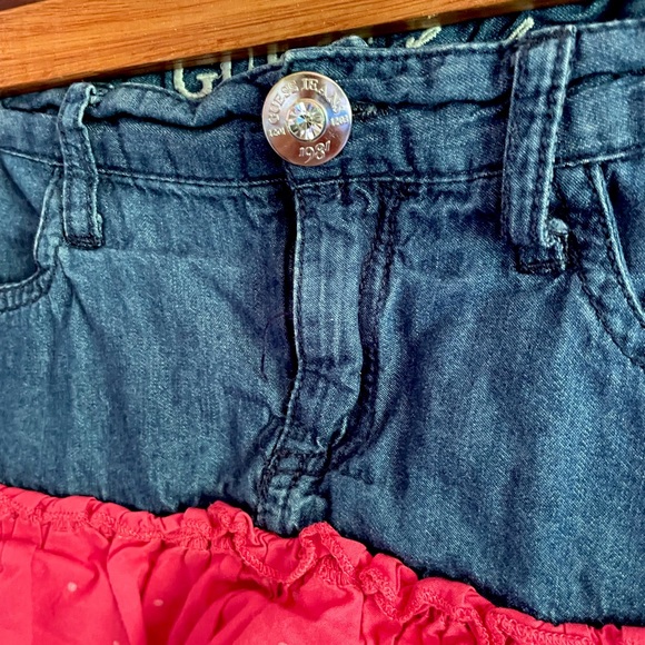 8 Guess Tiered Ruffle Chambray Denim Skirt, Fuchsia Pink Polka Dot, Crystals - Picture 8 of 12